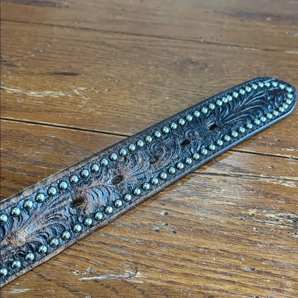 Vintage Brown Leather Tooled Silver Studded Western Belt Men’s Size 38